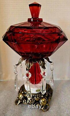 Vintage Viking Ruby Glow Diamond Point Candy Dish Marble Brass Pedestal 12H