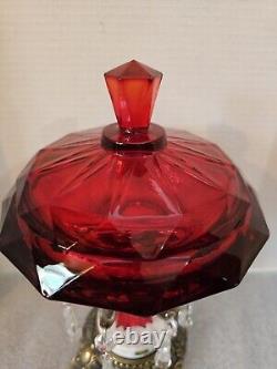 Vintage Viking Ruby Glow Diamond Point Candy Dish Marble Brass Pedestal 12H