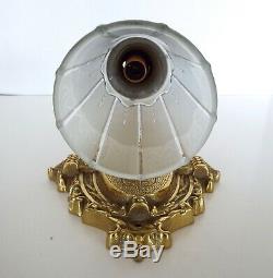 Vintage Wall Sconces Polished Brass Frosted Glass Shades Victorian Art Deco Pair