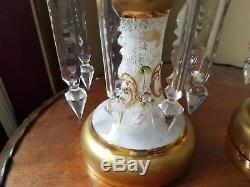 Vintage White & Gold Venetian Glass Applied Flowers Mantle Lusters Set