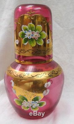 Vintage unmarked Moser art glass Tumble-up decanter & tumbler hand painted gold