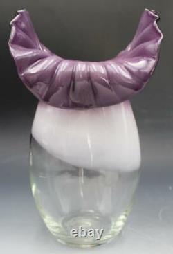 Vintagte Art Glass Ruffled & Flared Rim Vase Purple to Clear Cased Glass