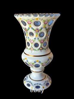 Vtg 9 Bohemian Czech Cased Vase White Cut to Colbolt Blue Handpainted Floral 1