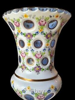Vtg 9 Bohemian Czech Cased Vase White Cut to Colbolt Blue Handpainted Floral 1