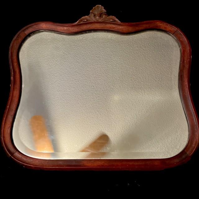 Vtg Antique Victorian 1900's Brown Oak Wood Scalloped Wavy Mirror Beveled Glass