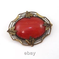 Vtg Antique Victorian Gold Tone Red Art Glass Oval Pin Brooch LHH4