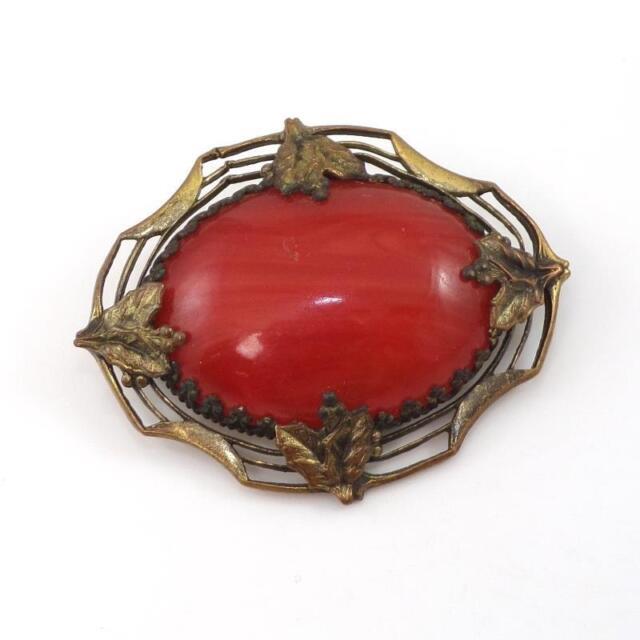 Vtg Antique Victorian Gold Tone Red Art Glass Oval Pin Brooch Lhh4