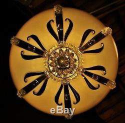 Vtg Art Deco Era Hanging Chandelier / Pendant Ceiling Fixture Glass Shade 40's