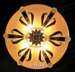 Vtg Art Deco Era Hanging Chandelier / Pendant Ceiling Fixture Glass Shade 40's