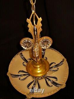 Vtg Art Deco Era Hanging Chandelier / Pendant Ceiling Fixture Glass Shade 40's