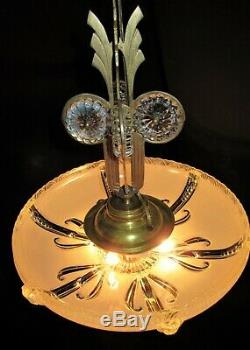 Vtg Art Deco Era Hanging Chandelier / Pendant Ceiling Fixture Glass Shade 40's