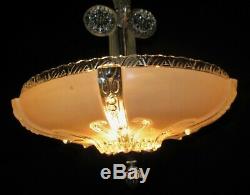 Vtg Art Deco Era Hanging Chandelier / Pendant Ceiling Fixture Glass Shade 40's