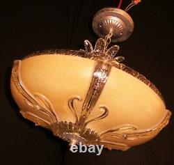 Vtg Art Deco Era Semi Flush Chandelier Ceiling Fixture Glass Shade 40's