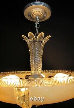 Vtg Art Deco Era Semi Flush Chandelier Ceiling Fixture Glass Shade 40's