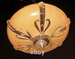 Vtg Art Deco Era Semi Flush Chandelier Ceiling Fixture Glass Shade 40's