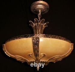 Vtg Art Deco Era Semi Flush Chandelier Ceiling Fixture Glass Shade 40's