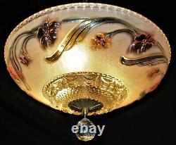 Vtg Art Deco Era Semi Flush Chandelier Ceiling Fixture Glass Shade Crystal 40's