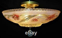 Vtg Art Deco Era Semi Flush Chandelier Ceiling Fixture Glass Shade Crystal 40's