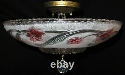 Vtg Art Deco Era Semi Flush Chandelier Ceiling Fixture Glass Shade Crystal 40's