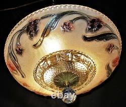 Vtg Art Deco Era Semi Flush Chandelier Ceiling Fixture Glass Shade Crystal 40's