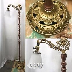 Vtg Art Deco Victorian Bridge Floor Lamp, Gold & Copper Paint, Tulip Glass Shade