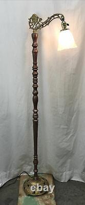 Vtg Art Deco Victorian Bridge Floor Lamp, Gold & Copper Paint, Tulip Glass Shade