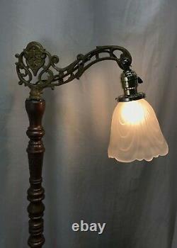 Vtg Art Deco Victorian Bridge Floor Lamp, Gold & Copper Paint, Tulip Glass Shade