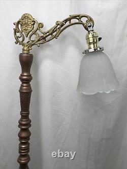 Vtg Art Deco Victorian Bridge Floor Lamp, Gold & Copper Paint, Tulip Glass Shade