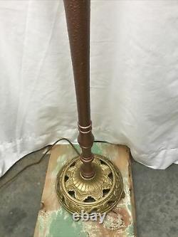 Vtg Art Deco Victorian Bridge Floor Lamp, Gold & Copper Paint, Tulip Glass Shade