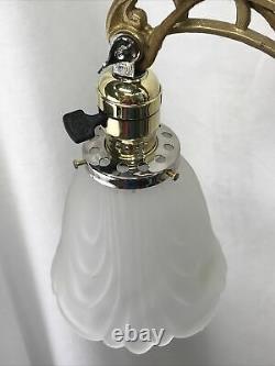 Vtg Art Deco Victorian Bridge Floor Lamp, Gold & Copper Paint, Tulip Glass Shade