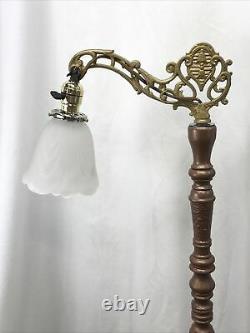 Vtg Art Deco Victorian Bridge Floor Lamp, Gold & Copper Paint, Tulip Glass Shade