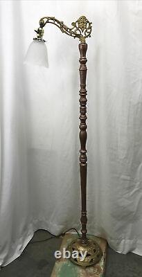 Vtg Art Deco Victorian Bridge Floor Lamp, Gold & Copper Paint, Tulip Glass Shade