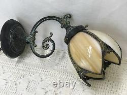 Vtg Brass Wall Sconce Tulip Slag Glass Shade Victorian Art Deco Nouveau Style