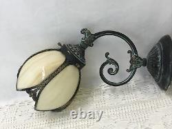 Vtg Brass Wall Sconce Tulip Slag Glass Shade Victorian Art Deco Nouveau Style