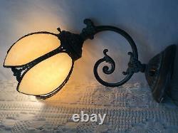 Vtg Brass Wall Sconce Tulip Slag Glass Shade Victorian Art Deco Nouveau Style