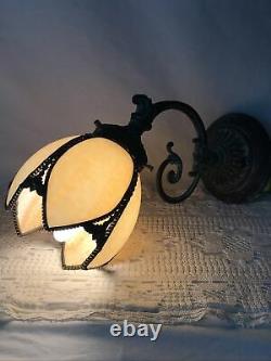 Vtg Brass Wall Sconce Tulip Slag Glass Shade Victorian Art Deco Nouveau Style