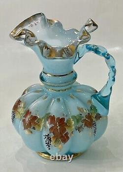Vtg. Fenton Glass Blue Charleton Melon Vase Handle 5.75 Leaves & Grapes Gold