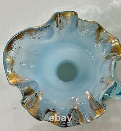 Vtg. Fenton Glass Blue Charleton Melon Vase Handle 5.75 Leaves & Grapes Gold