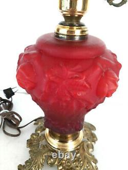 Vtg Fenton L. G. Wright Satin Ruby Red Embossed Roses Parlor Lamp Base Only GWTW