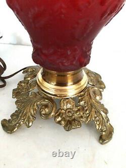 Vtg Fenton L. G. Wright Satin Ruby Red Embossed Roses Parlor Lamp Base Only GWTW
