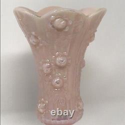 Vtg Fenton Pink Opalescent Pink Iridescent Vase w Porcelain Roses + Trinket Box