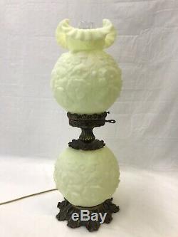 Vtg Fenton Uranium Vaseline Glass GWTW Table Lamp Satin Custard Poppy Glow Green