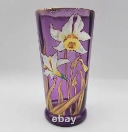 Vtg French Art Nuevo Hand Blown Painted Enamel Daffodils Amythyst Glass Vase