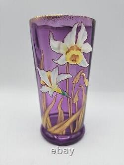 Vtg French Art Nuevo Hand Blown Painted Enamel Daffodils Amythyst Glass Vase