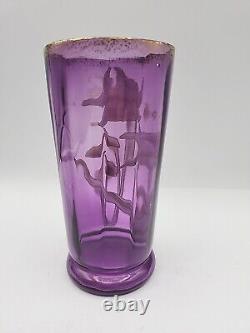 Vtg French Art Nuevo Hand Blown Painted Enamel Daffodils Amythyst Glass Vase