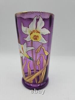 Vtg French Art Nuevo Hand Blown Painted Enamel Daffodils Amythyst Glass Vase