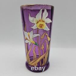 Vtg French Art Nuevo Hand Blown Painted Enamel Daffodils Amythyst Glass Vase