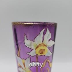 Vtg French Art Nuevo Hand Blown Painted Enamel Daffodils Amythyst Glass Vase