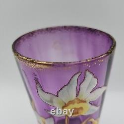 Vtg French Art Nuevo Hand Blown Painted Enamel Daffodils Amythyst Glass Vase