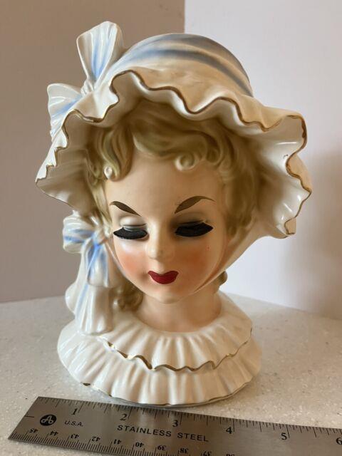 Vtg Large Htf 7.5in Norleans Pretty Lady Girl Head Vase Victorian Ruffle Bonnet